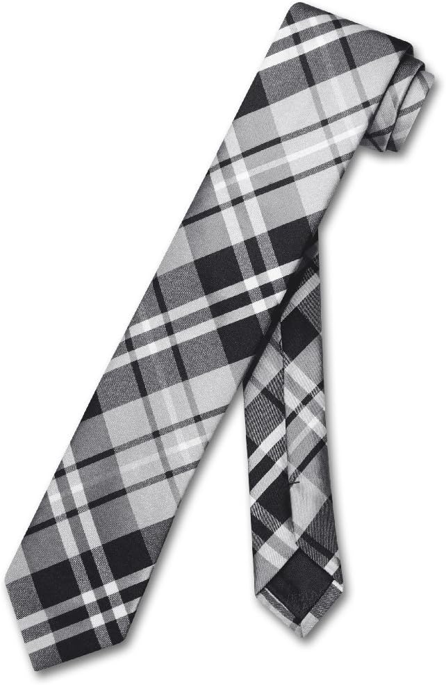 Vesuvio Napoli Narrow NeckTie Skinny Black Gray White PLAID Men's 2.5" Neck Tie