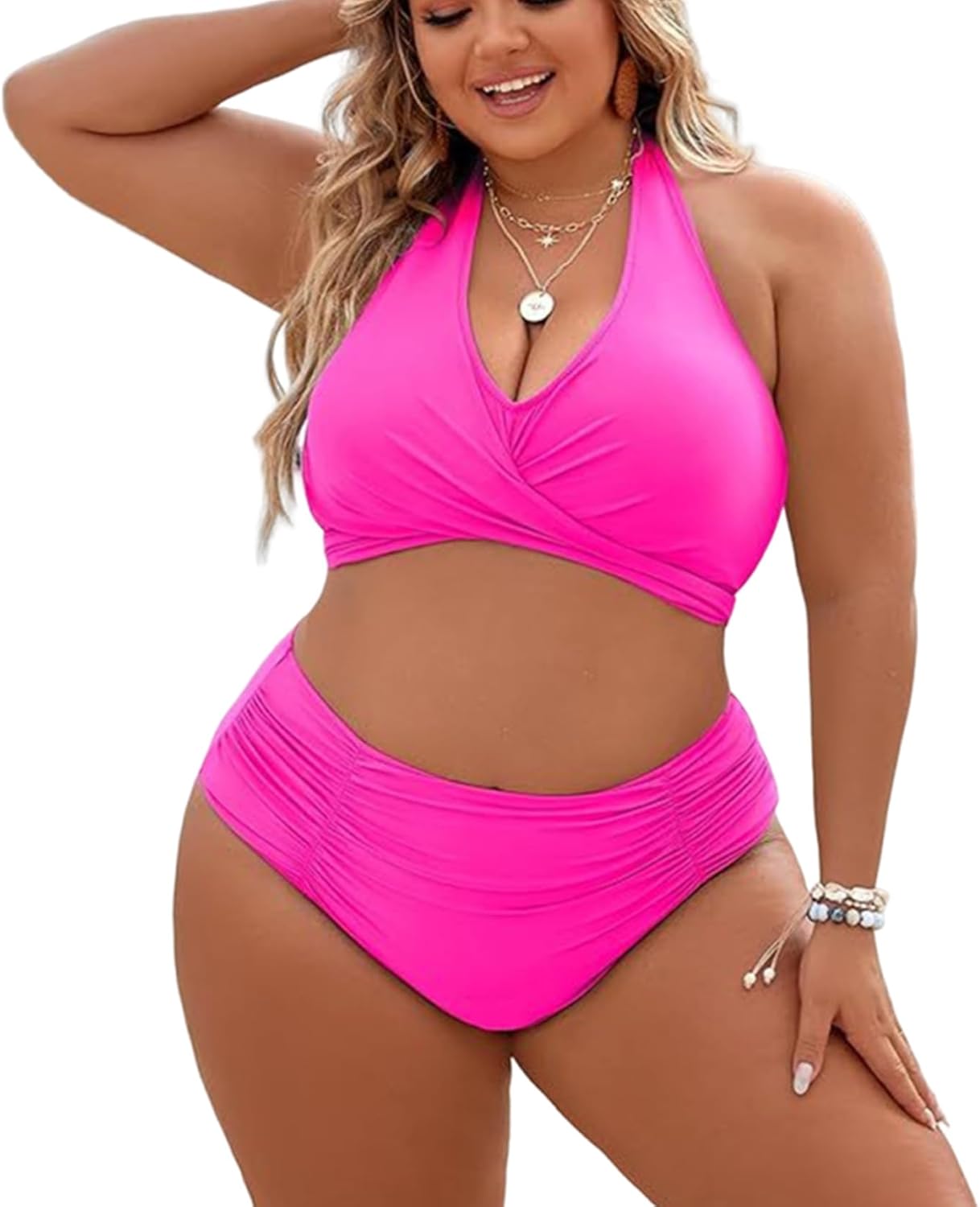 Women's High Waisted Ruched Bikini Set, Halter Wrap Top with Crossover Bathers, Army Green Swimwear PQ2518