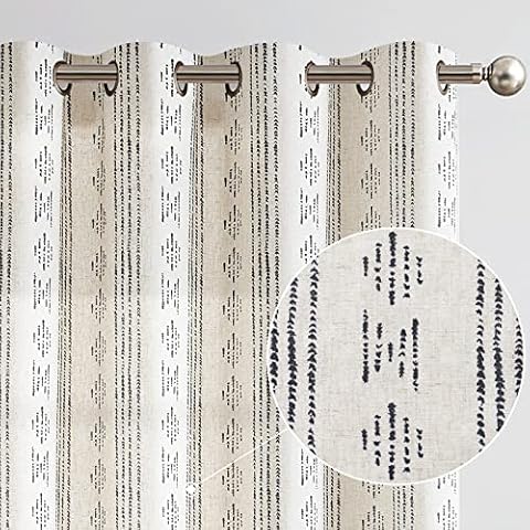 jinchan Boho Curtains Linen Blend Curtains for Living Room Black Farmhouse Boho Curtains 84 Inches Long Geometric Striped Mudcloth Grommet Top Curtains 2 Panels Black on Beige Cover