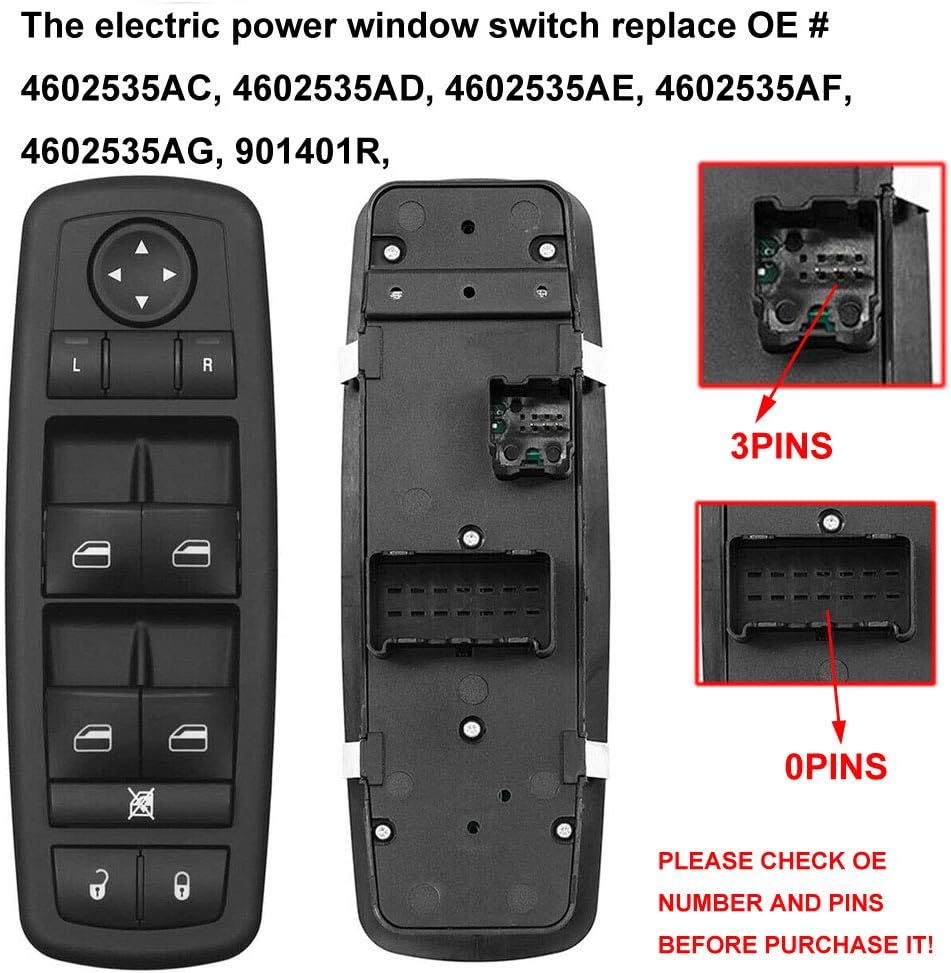 Driver Side Master Power Window Switch 4602535AC (0 PINS+ 3 PINS) Compatible for 2008 2009 Chrysler Town & Country Dodge Grand Caravan 4602535AG 4602535AF 4602535AD