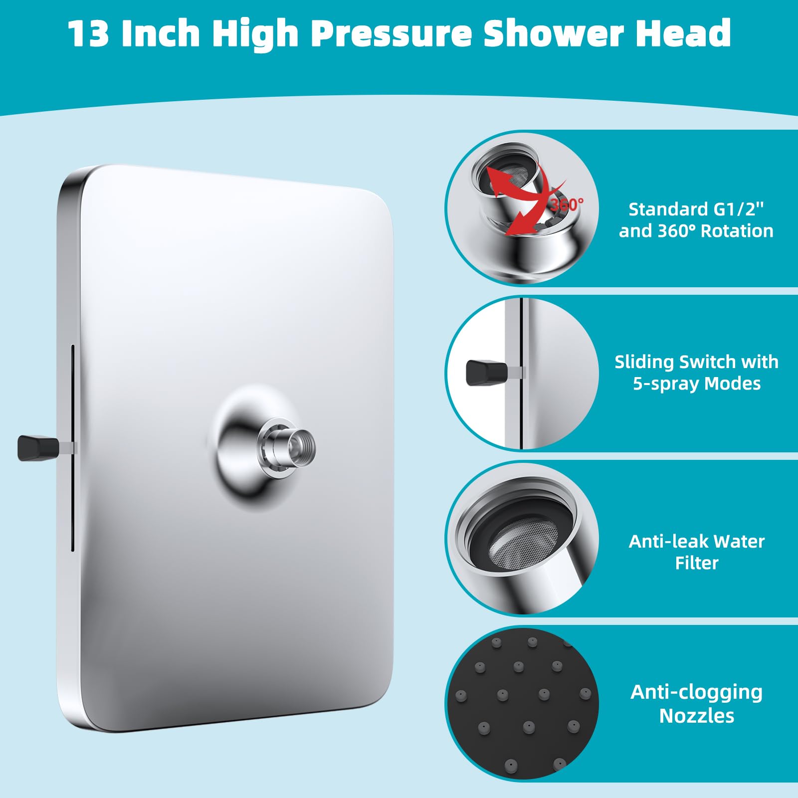 Hibbent Cabezal de ducha de 5 modos de pulverización, cabezal de ducha de lluvia de alta presión de 13 pulgadas, cabezal de ducha cuadrado grande para baño, cabezal de ducha fijo de cascada de alto