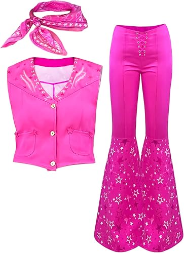 Miniatura 2 de Naywig Traje de vaquera de los años 70 y 80 hippie disco disfraz rosa acampanado pantalón Halloween cosplay para mujeres y niñas