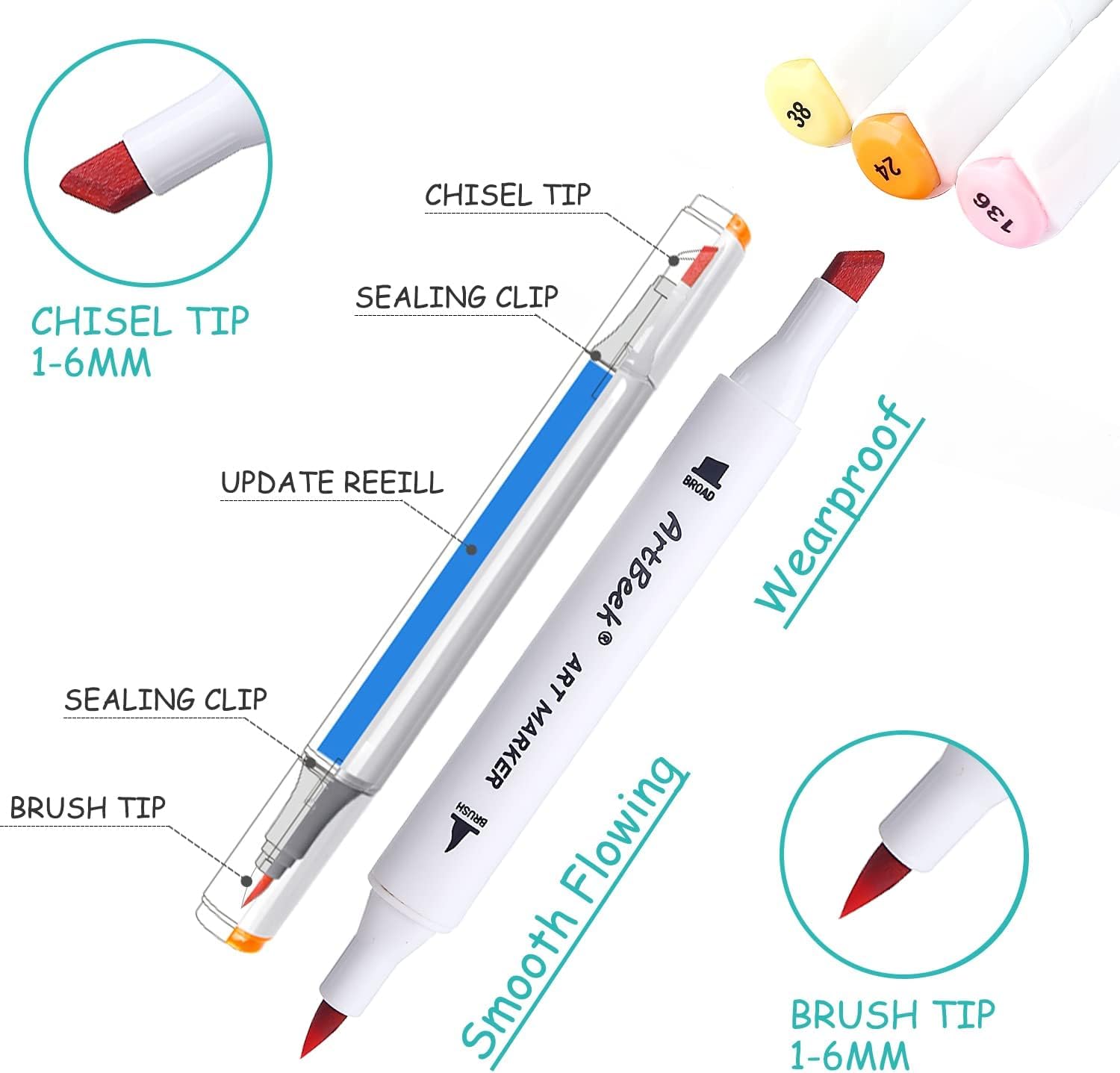 ArtBeek Alcohol Markers Brush Tip, 48 Coloring Markers for Adult Coloring Books No Bleeding with 1 Blender and Case, Dual Tip (Brush & Chisel Tip)