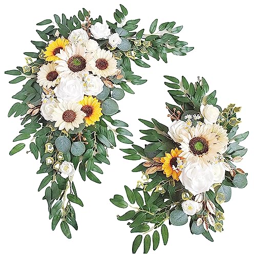 Emivery Wedding Sunflower Arch Flowers (Pack of 2), White Sunflower Flower Swag Artificial Flower Arrangements Floral Decorations for Wedding Arch Ceremony and Reception Backdrop