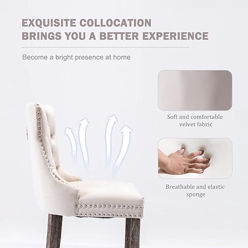 Miniatura 6 de Kiztir Juego de 2 taburetes de bar de terciopelo para altura de mostrador, taburetes de bar modernos con respaldo y ribete de cabeza de clavos para