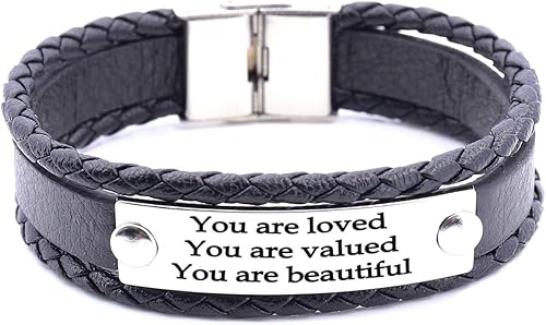 Regalos inspiradores para mujeres con texto en inglés "You are Loved You are Valued You are Beautiful", pulsera inspiradora de cuero apilable,