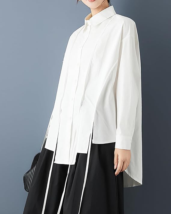 ellazhu Women's Shirt Lapel Button Down Long Sleeve Solid Irregular Hem Plus Size GZ713