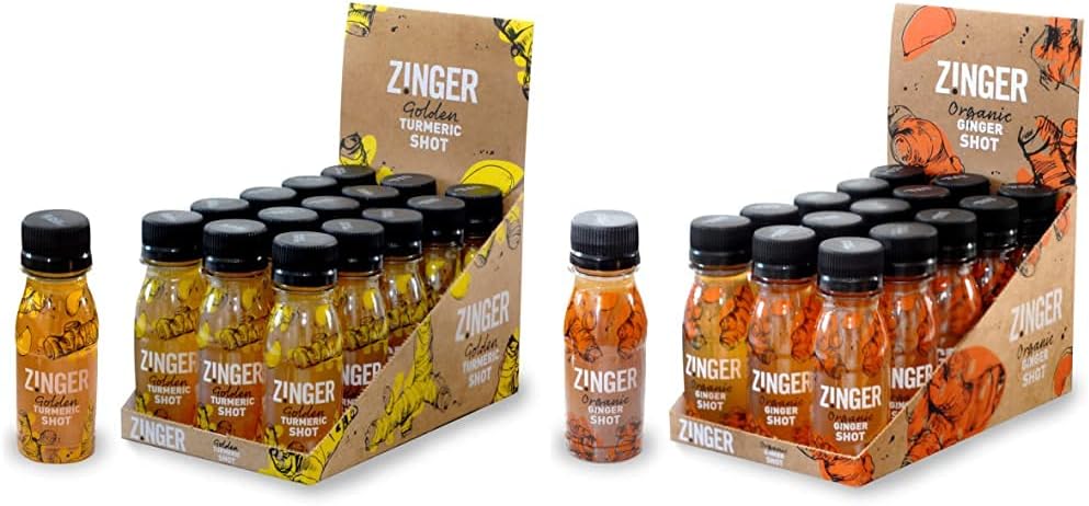 Golden Turmeric shot (Pack of 15 x 70ml) & James White Drinks Organic Ginger Zinger Shot 70 ml, Pack of 15