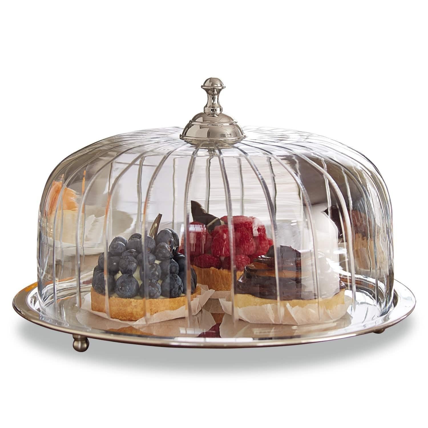 Loberon Kuchenglocke Allaire - klar/silber | Tortenplatte Mit Fuß & Glasglocke Für Kuchen & Torte - Backzubehör Aus Glas & Edelstahl - ø 28,5 cm