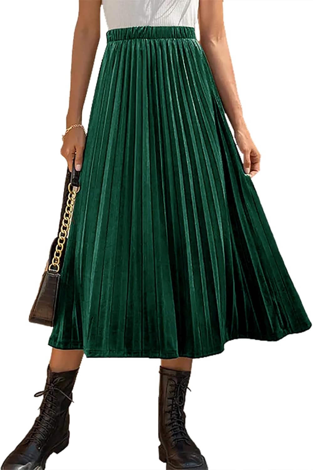 Women’s High Elastic Waist Skirt Pleated A Line Swings Midi Velvet Skirts for Women