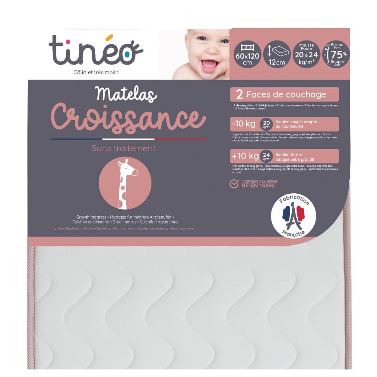 Tineo - Materac dziecięcy 60x120x12cm - 1 twarz dziecka + 10kg - 1 twarz dziecka - 10kg - Wyprodukowano we Francji