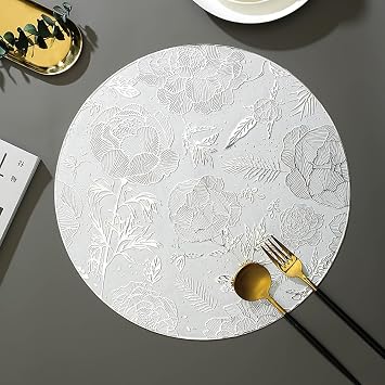 pigchcy Silver Round Placemats Set of 8 Metallic Rose Pressed Vinyl Dining Table Mats Farmhouse Kitchen 15inches Table Setting Centerpiece Decoration