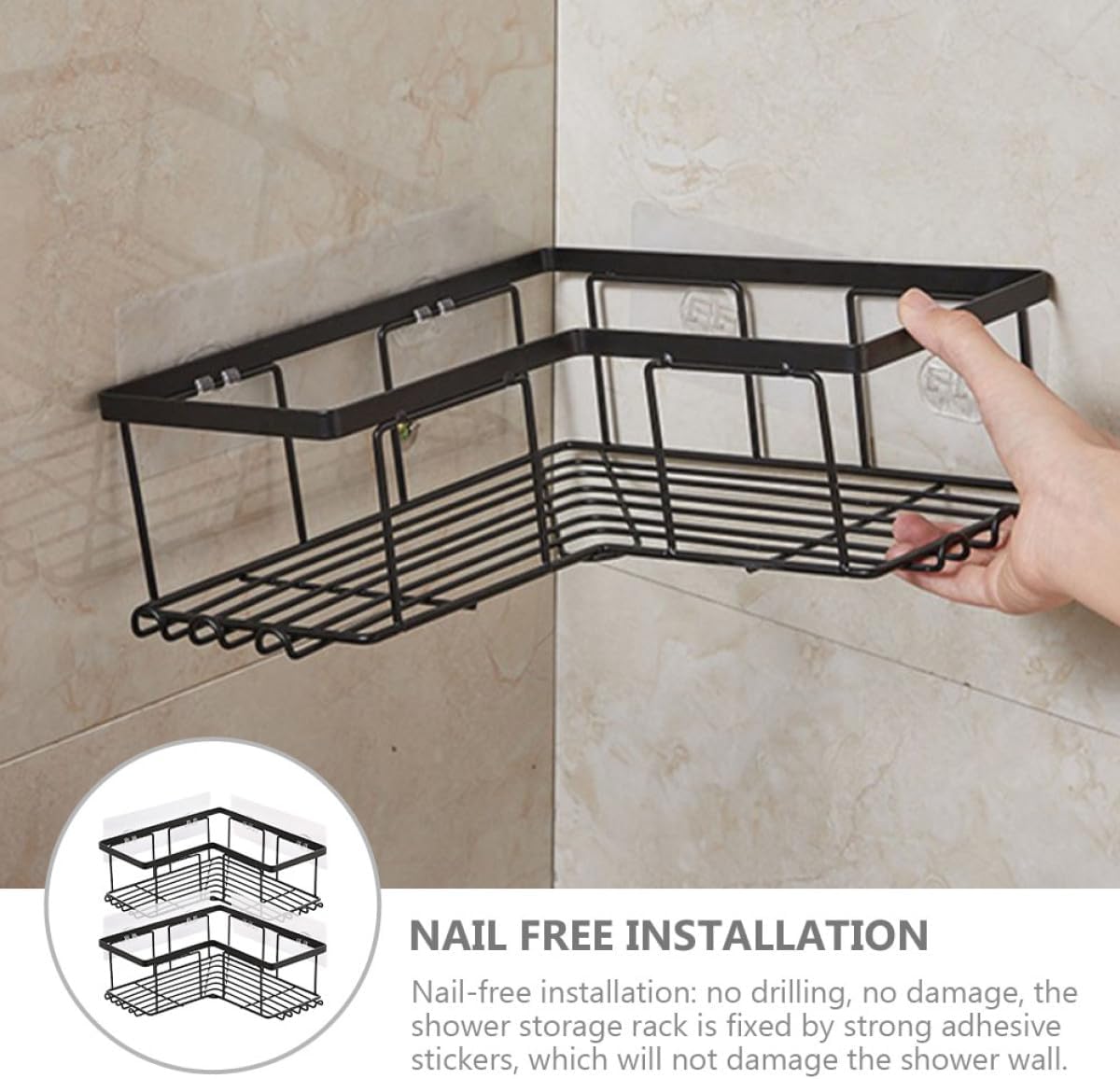 2pcs Black Adhesive Corner Shower Shelf Set, No-drill Bathroom Wall Organizer for Shower Storage, Waterproof Corner Caddy for Tub and Bath