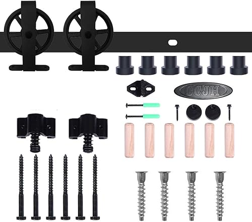 Miniatura 7 de Kit de rieles de 98-25 pulgadas para puerta corrediza de granero, rodillo de rueda negro básico para puertas individuales, sistema de rieles de