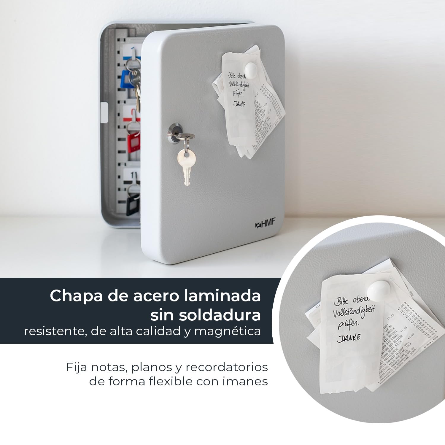 HMF Caja para Llaves Grande de Acero, Armario para Llaves con Cerradura para recibidor, despacho o Garaje | 30 Ganchos para Llaves | 30 x 24 x 7,5 cm | Gris Claro