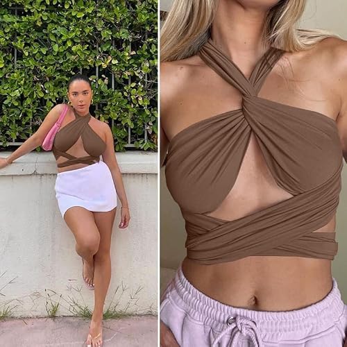 Zaful Ribbed Halter Crop Top Ruched Lace-Up Cropped Cami Bandana Top Stitching Cropped Tank Top Coffee #TOP5