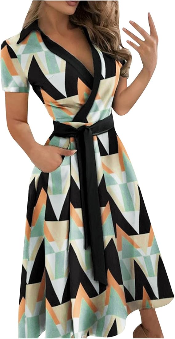 review Wrap Dress for Women Fashion Short Sleeve V Neck Midi Dresses Printed A-Line Dress with Belt