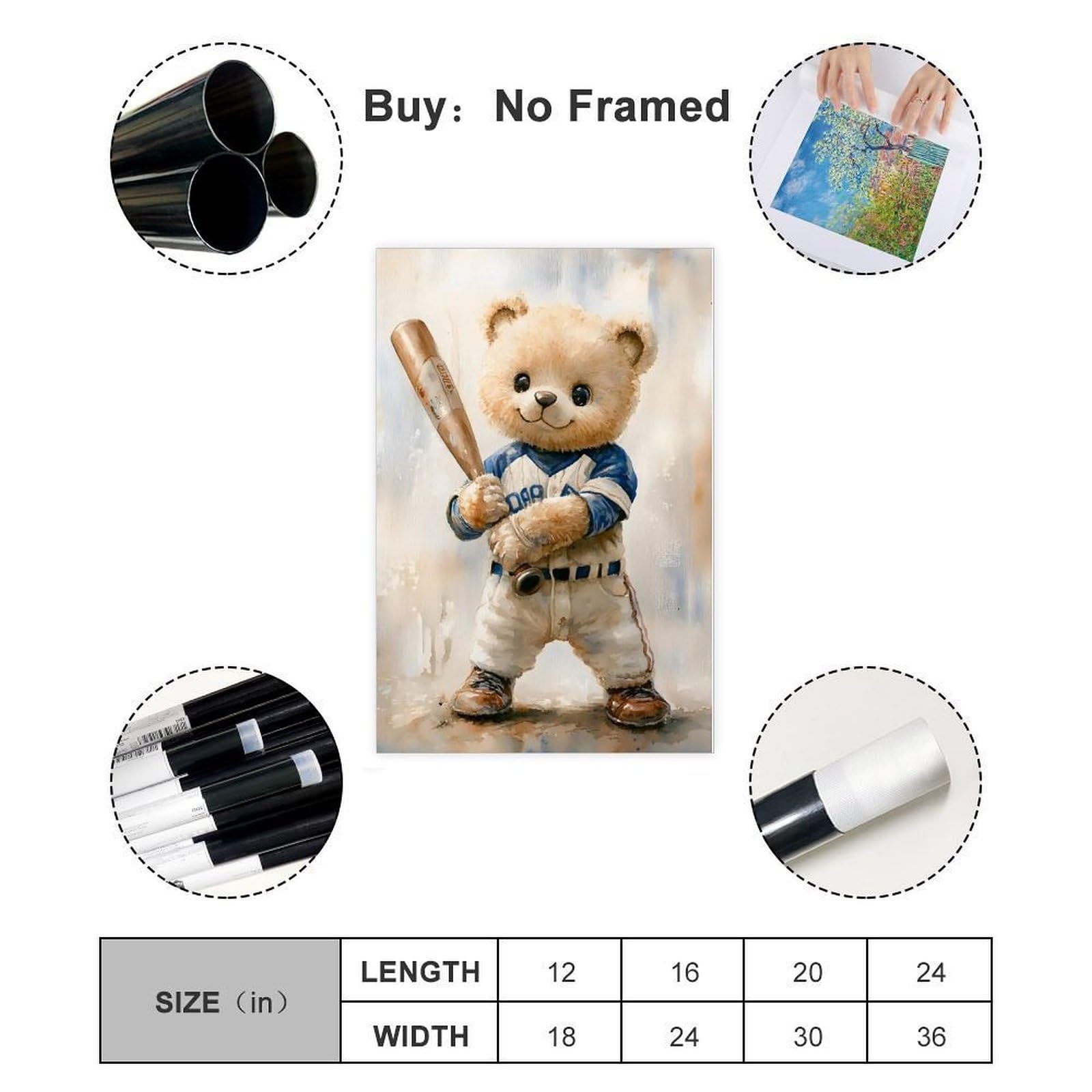 Leinwandposter mit Teddybär-Baseballspieler, Schlafzimmerdekoration, Landschaft, Büro, Raumdekoration, Geschenk, 61 x 91,4 cm (L x B)