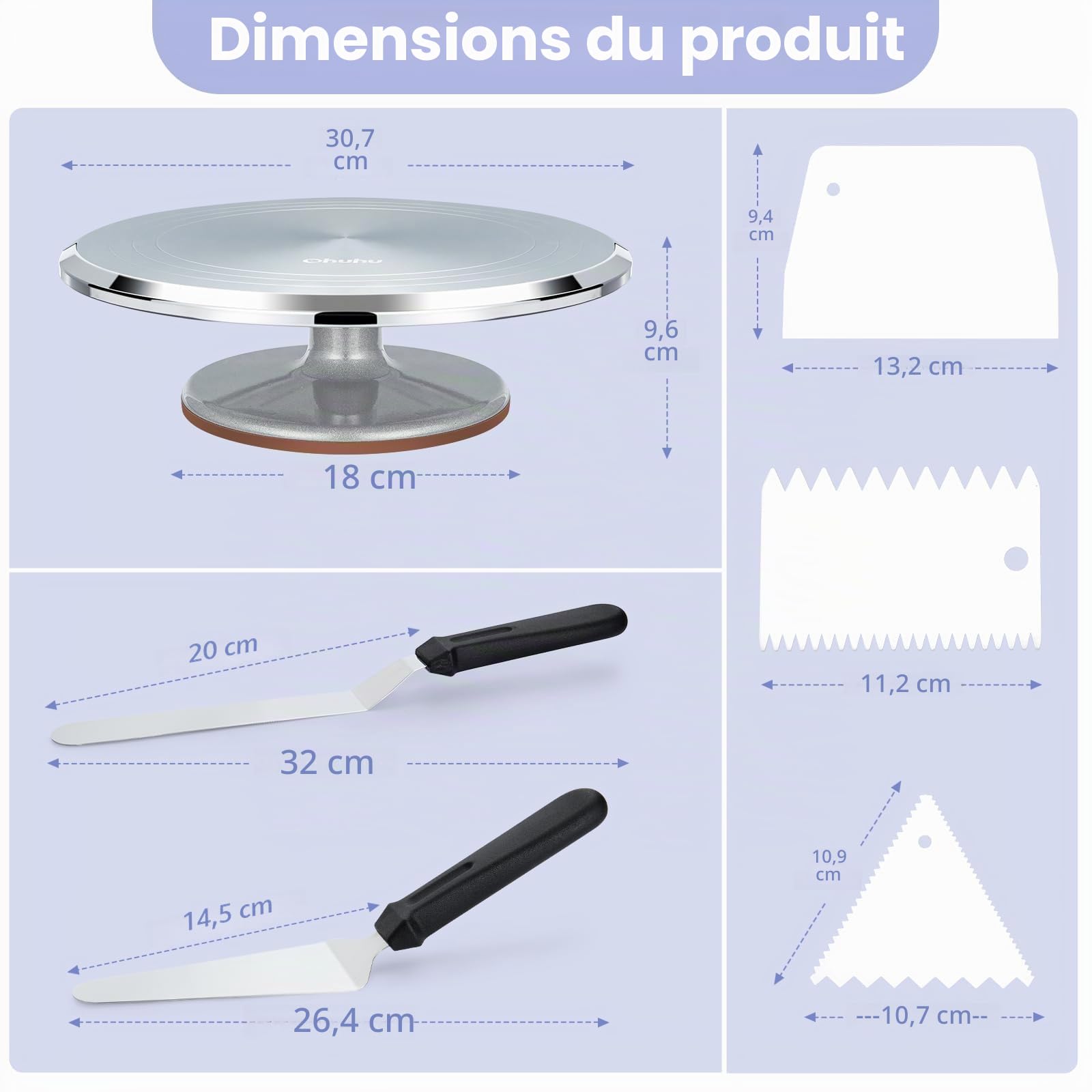 Plateau Tournant Patisserie, Ohuhu 30 cm Plateau Tournant Gateau avec 2 Spatules à Glaçage en 3 Grattoirs à Gâteau, Plateau Tournant Décoration De Gâteau pour la Fabrication de Gâteaux