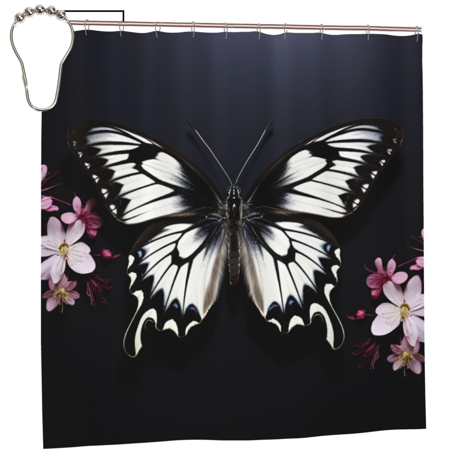 FodPand Black White Butterfly Shower Curtain 70"x70" Waterproof Long Bathroom Curtain Heavy Duty Thick Cloth Bath Curtain Set with Hooks, Modern Abstract Art Pattern Bathroom Shower Curtains