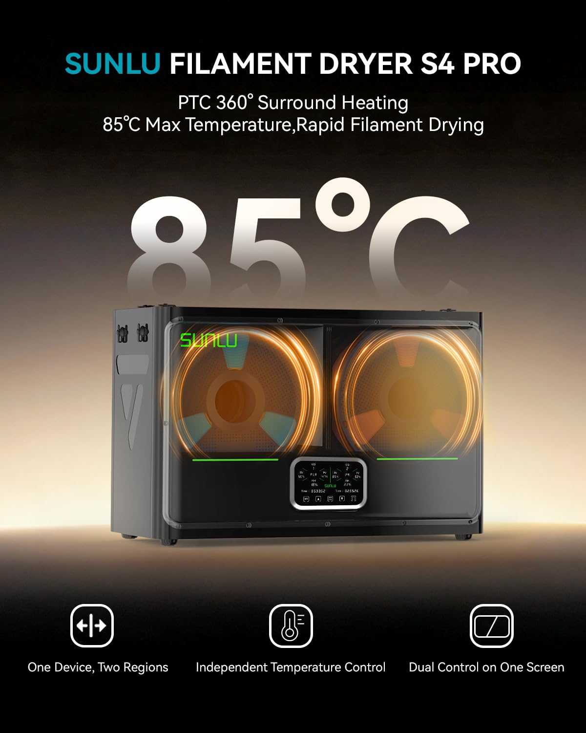 SUNLU Secador de filamento para impresora 3D S4 Pro, control de temperatura de doble zona, color negro | hasta 85 °C, calentador PTC de 380 W, recocido, control automático de humedad, para ABS/PLA/PETG/nailon