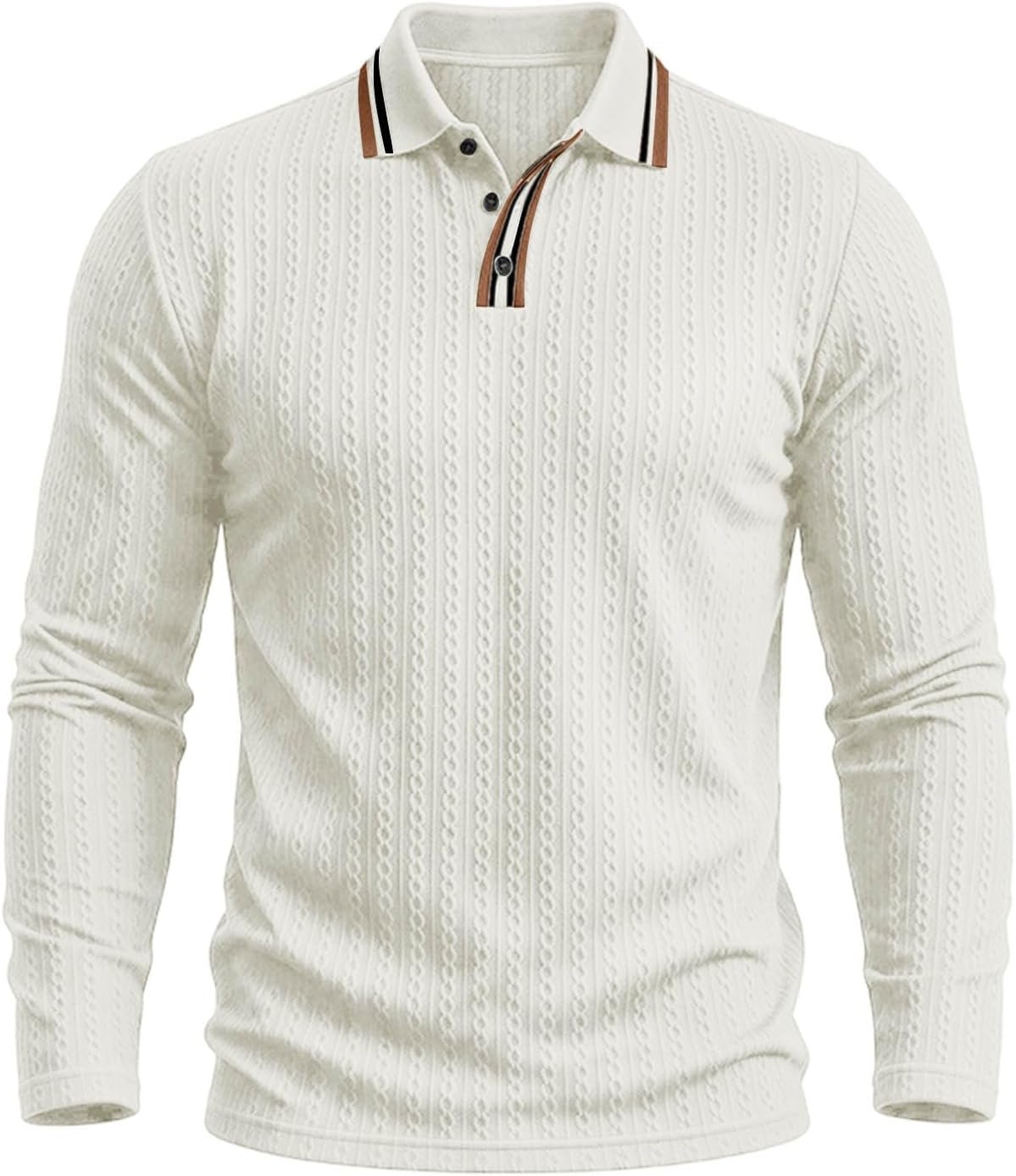 Mens Cable Kint Long‑Sleeve Polo Shirt Striped Collar Button Up Tee