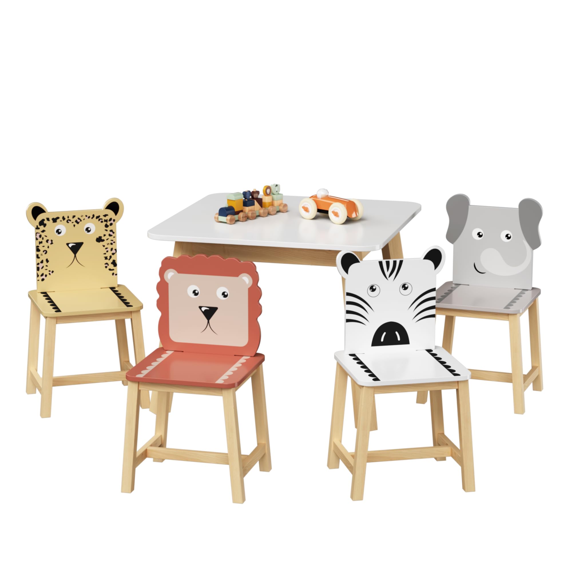 Wood Table &amp; Chairs 5 Pieces Set, Boys Girls Activity Table w/ 4 Animal Shaped Chairs, Solid Wood Legs, Safe Rounded Corners, Playroom Furniture for Boys &amp; Girls Activity Dining Drawing Craft.