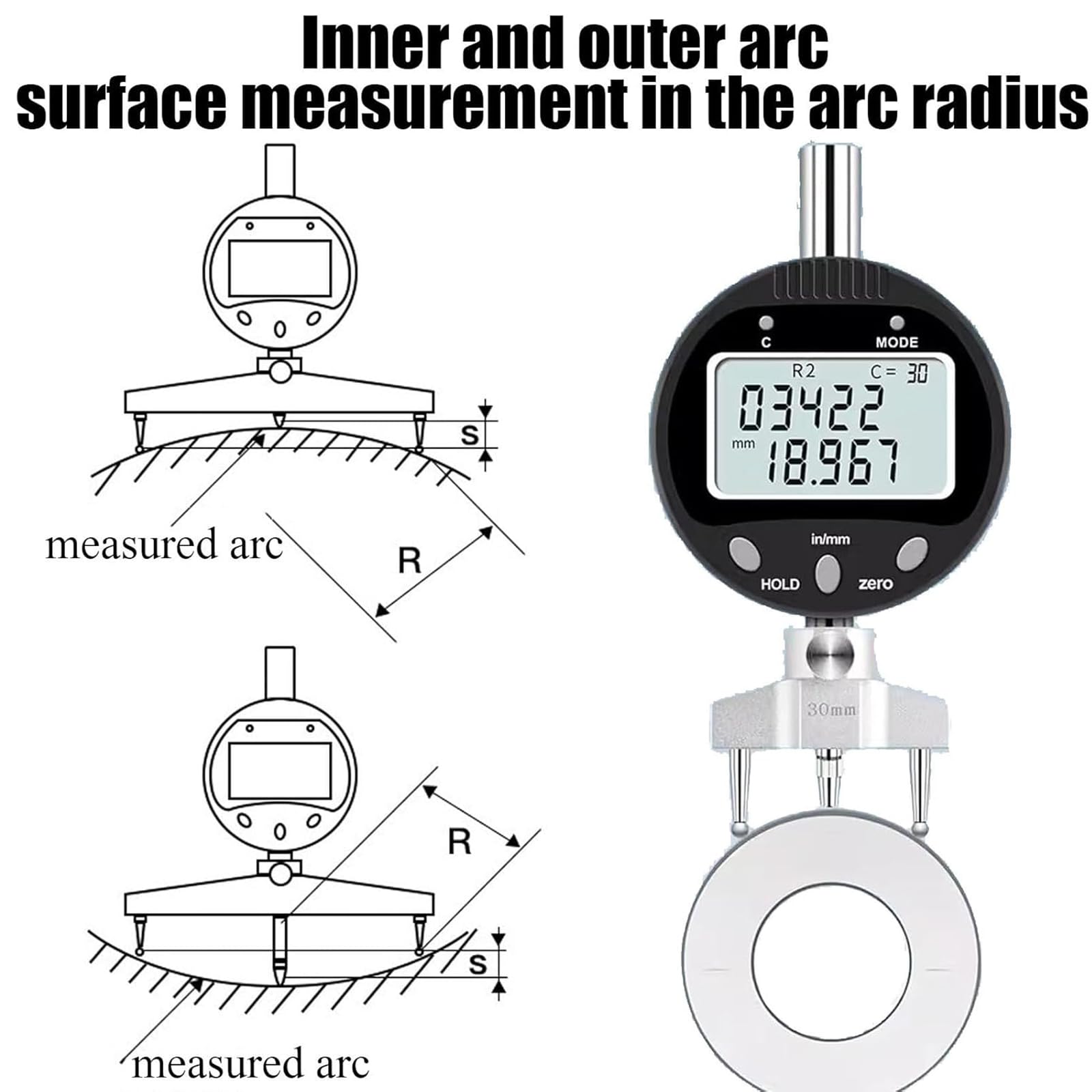 Digitales Radiusmessgerät, multifunktionales hochpräzises Werkzeug für Innenradius, Außenradius und Tiefenmessung mit 10 mm/20 mm/30 mm/60 mm/100 mm Backen