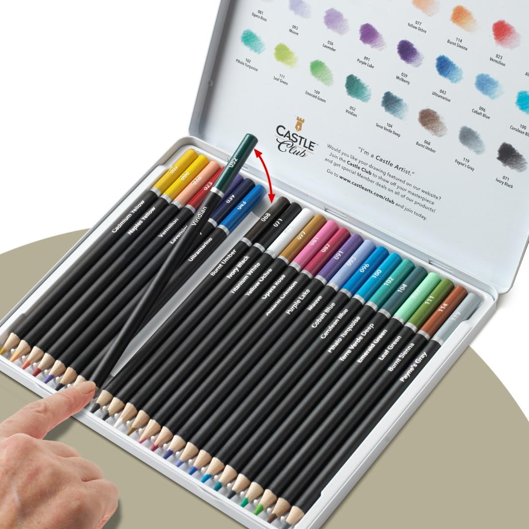 Castle Arts Themed 24 Coloured Pencil Set in Tin Box, perfect ‘Monet’ inspired colours. Featuring quality, smooth coloured cores, superior blending & layering performance achieving great results