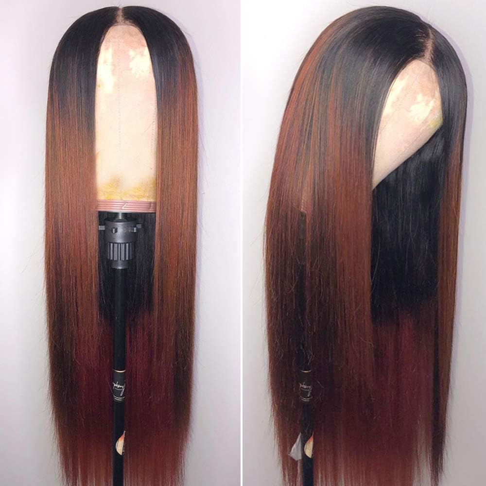 ANDRIA Dark Root Ombre Brown Straight Hair Lace Front Wigs Two Tone Synthetic Long Silk Straight Wigs Heat Resistant Fiber Hair for Black Women 26 Inch 1b/#33