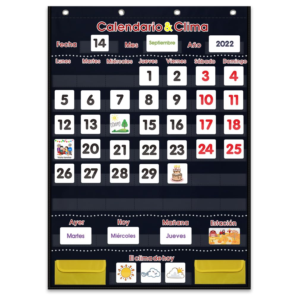 Calendario Espanol - Spanish Calendar and Weather Pocket Chart with 142 Flash Cards - Kids Calendar for Classroom Teaching,Homeschooling in Spanish (Black)
