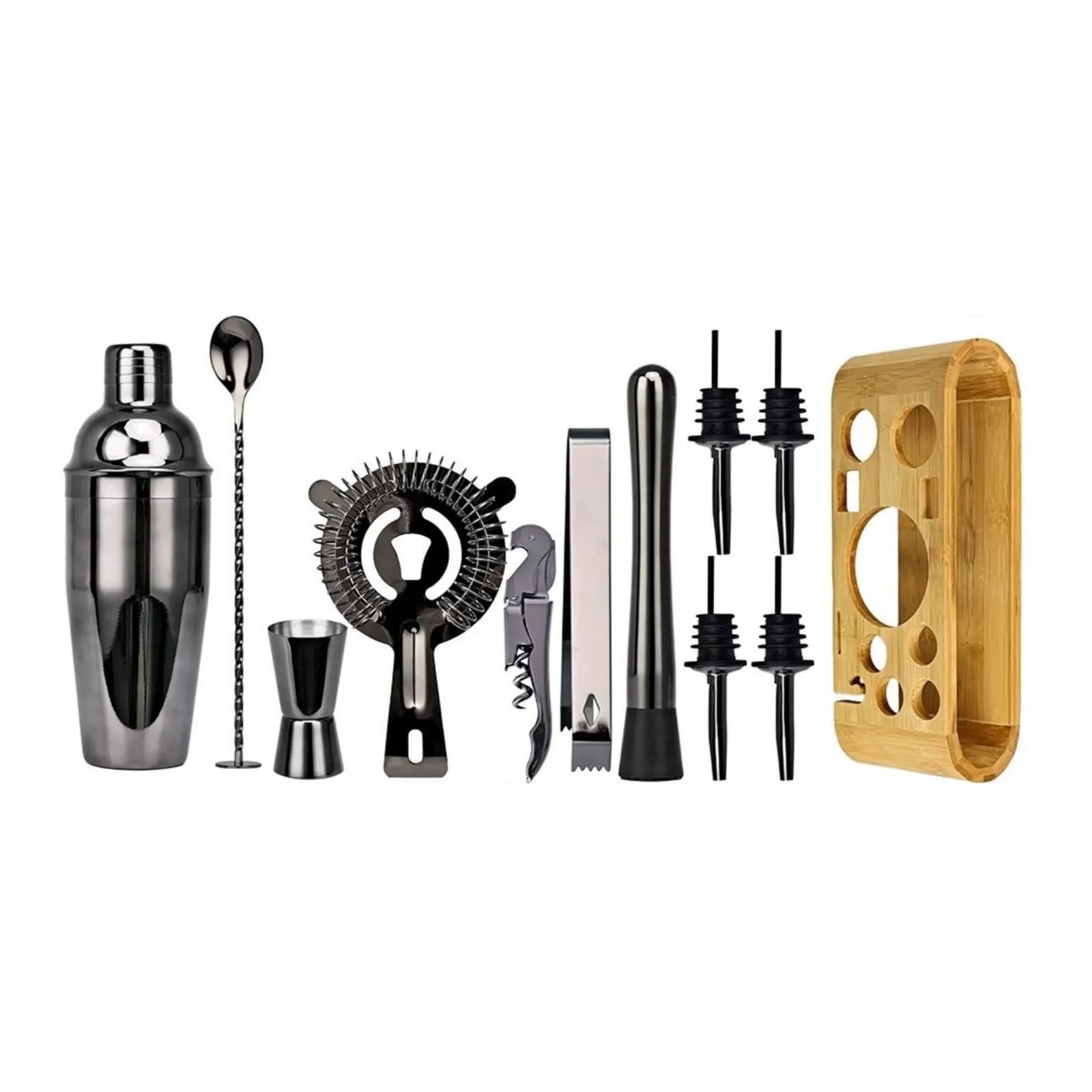 Juego de Herramientas barra con soporte bambú, coctelera acero inoxidable, Kit coctelería for fiesta en casa