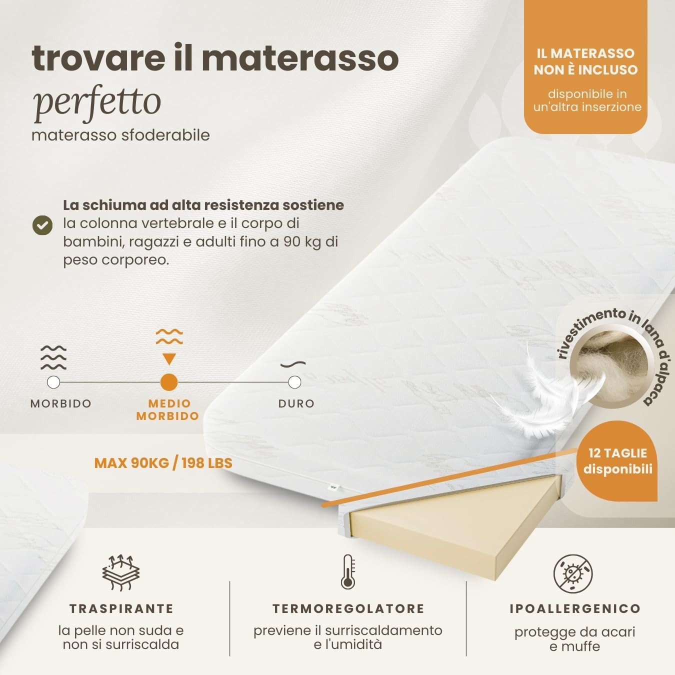 N01 Letto a Soppalco 90x180 cm, 100% Legno massello, Lettino per bambini e adulti, Scala universale: destra o sinistra, Struttura inclusa, Nessuna vite sporgente, Bianco