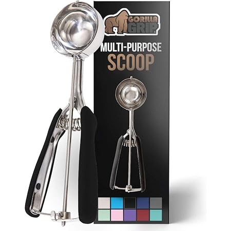 Gorilla Grip Premium Stainless Steel, Spring-Loaded Scoop for Fruit, Cookie and Ice Cream, Easy Squeeze and Clean Release, Comfortable Handle, Medium, 3 TBSP Scooper Size 24, Uniform Portions, Black