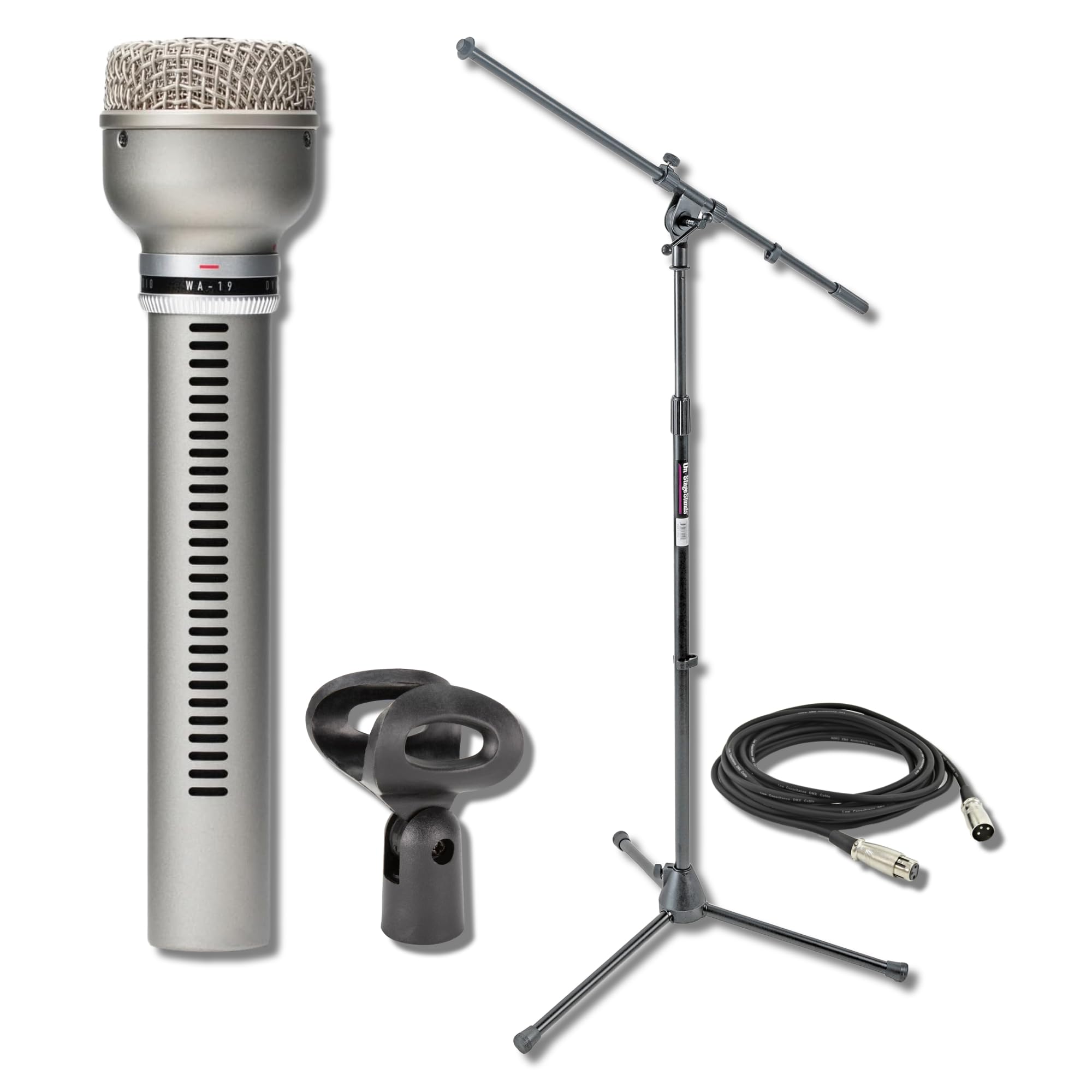 Warm Audio WA-19 Nickel Dynamic Studio Microphone with On-Stage Stands MS7701B Microphone Stand and 20' XLR Cable
