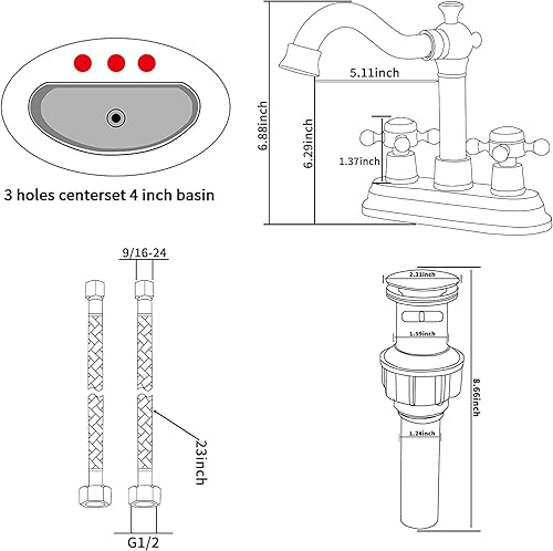 Miniatura 2 de GGStudy Grifo de baño negro mate con 2 asas de 4 pulgadas, juego central de 4 pulgadas, grifo de tocador de baño negro con montaje de drenaje y