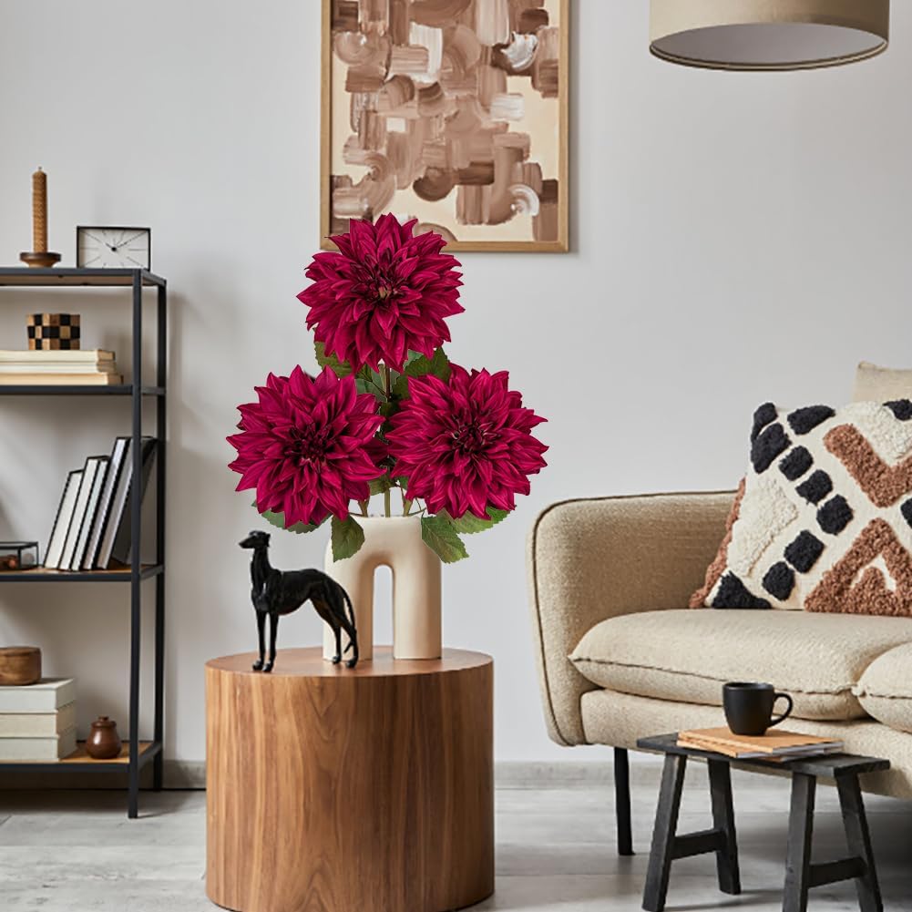 3Pcs Purplish Red Artificial Dahlia Flowers Fall Fake Flower Silk Flowers with Long Stem 28" Floral Arrangements Bouquets Autumn Faux Dahlias Flowers for DIY Wedding Party Centerpieces Home Decor - Image 4