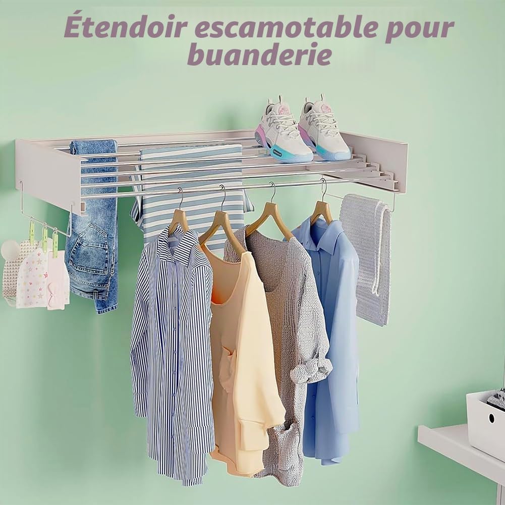Étendoir mural extensible pliable portée 30 kg extensible 100 cm peu encombrant, design compact mince, blanc