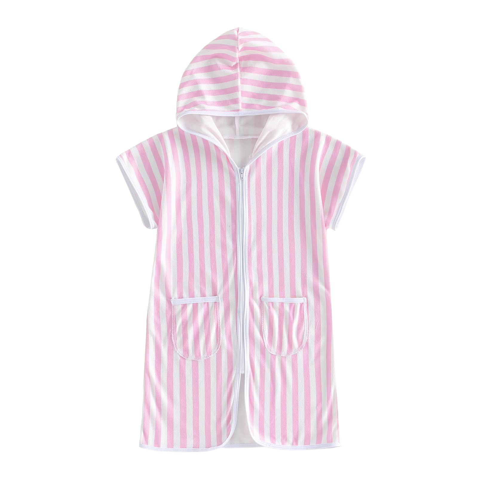 Girls Boys Hooded Terry Coverups One Piece Swimsuits Summer Striped Trim Zip Up Short Sleeve Swim Cover Up Beachwear