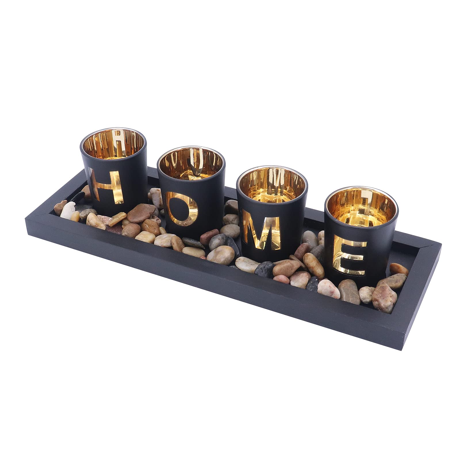 Set portacandele, include 4 bicchieri in vetro, pietre naturali e vassoio in legno per decorazioni da tavola per la casa (Home)