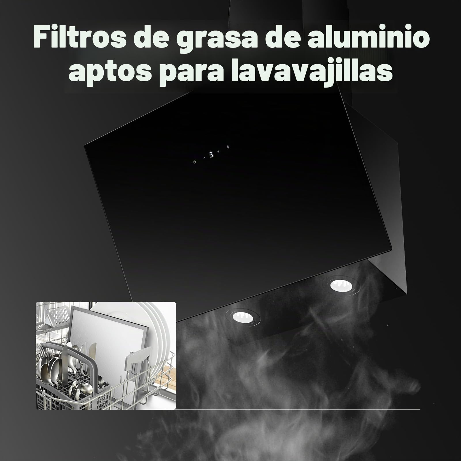 GASLAND AR60BS Campana Extractora Inclinada 60 cm Cristal Negro, 540 m³/h Boost, Motor BLDC Silencioso, Recirculación o Evacuación Exterior, Filtro de Carbón Activo, A++