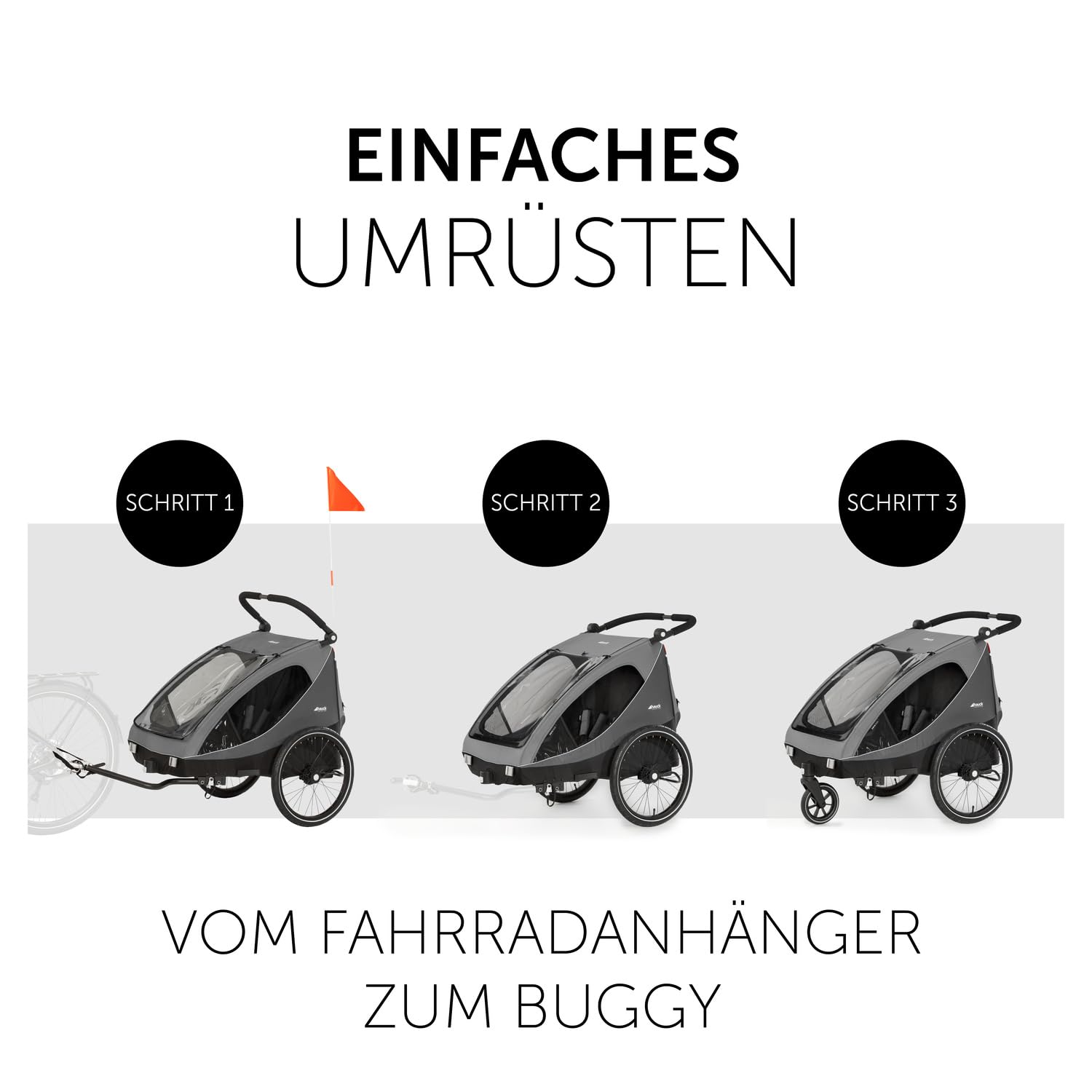hauck Dryk Duo 2in1 Fahrradanhänger & Buggy für 2 Kinder, Grey | Kinderanhänger ab 6 Monaten bis 22 kg/120 cm/4 Jahre mit Deichsel, Fahne, Kofferraum, Faltbar, für Fahrrad, E-Bike & Pedelec