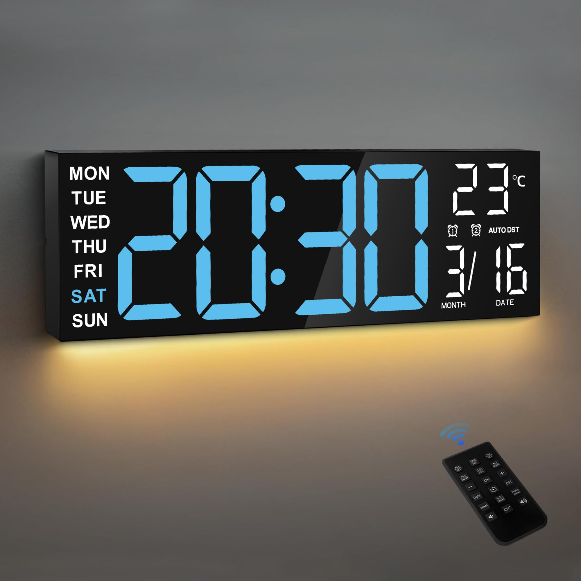 Maxstar Large Digital Wall Clock with RGB Led Display & Remote Control, Loud Dual Alarms, Auto-DST, Temperature,Date,Night Light for Bedroom/Office/Living Room/Shop/Gym/Game Room
