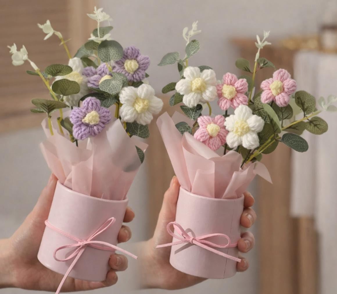 VRB Dec 2 pcs Artificial Crochet Flower Bouquet/Artificial Flowers Bunch/Crochet Flower/Flowers Bouquet Gift for Girls Home Decor,Gifting,etc. (2 Pcs Lavender & Pink Daisy Bouquet)