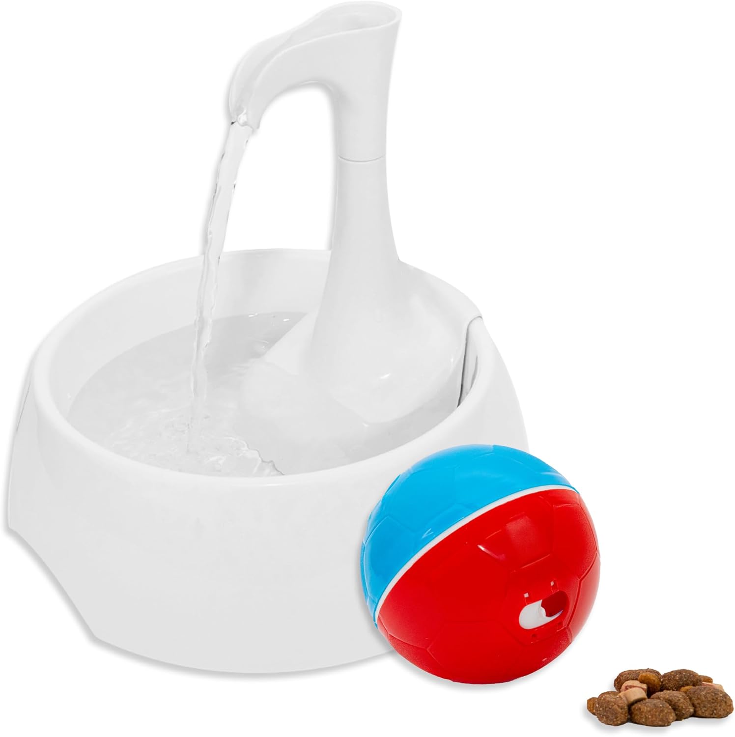 AMICUS - Aqua First USB Water Fountain for Pets: Automatic Drinking Fountain - Ergonomic Design, Portable - White + Treat Dispensing Dog Toys Crazy Ball: Interactive Enrichment Toy - 100g/3.5oz