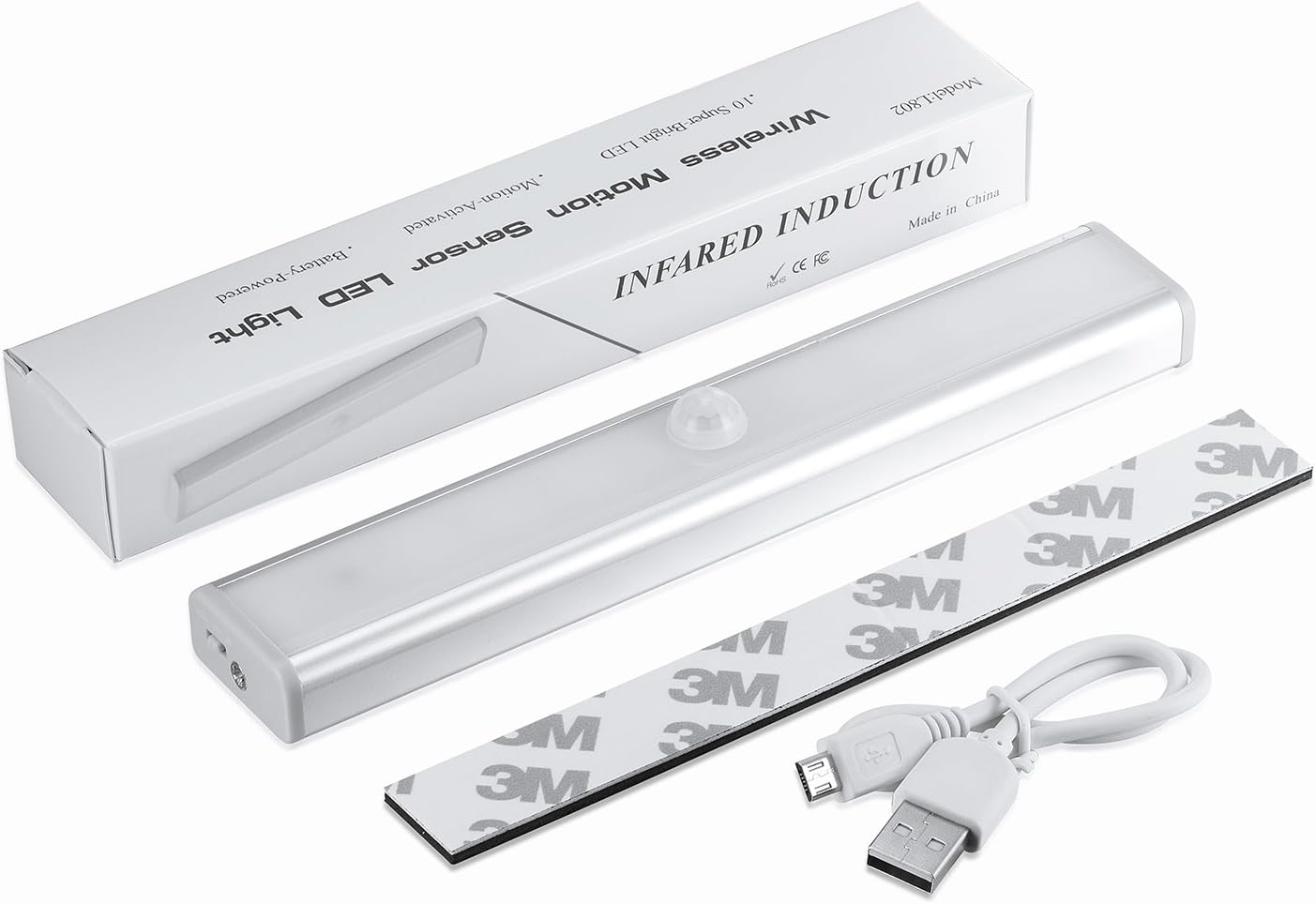 2-Pack Rechargeable Built-In Battery Wireless Motion Sensor LED Light USB Powered Bar with Magnetic Trip 3M Adhesive Auto Motion-Activated Night Lights