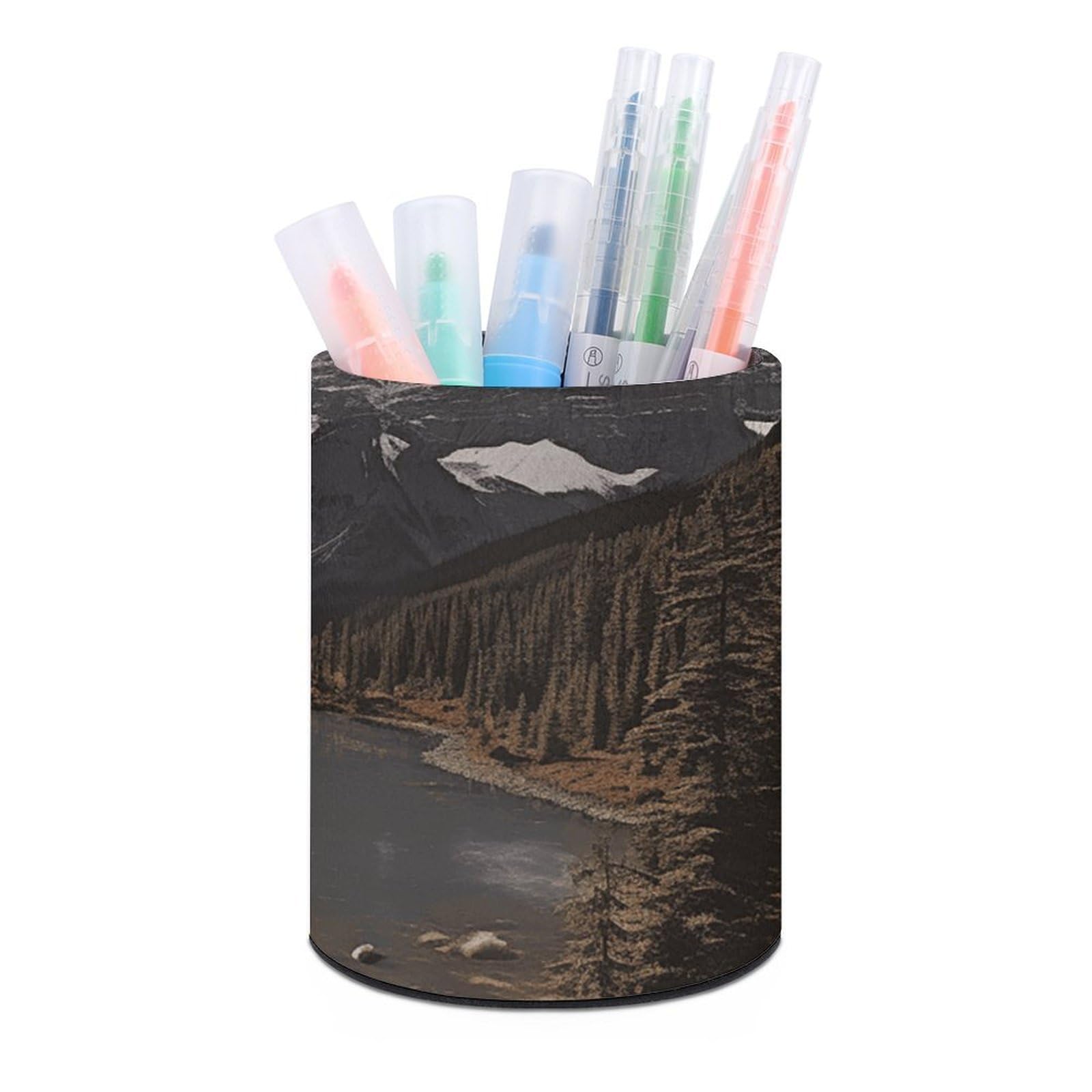 FekiLoot PU Leather Round Pen Holder Landscape Pencil Holder Desk Organizer Pen Organizer Pen Cup Pencil Cup Caddy Desktop Stationery Organizers for Office Home Supplies