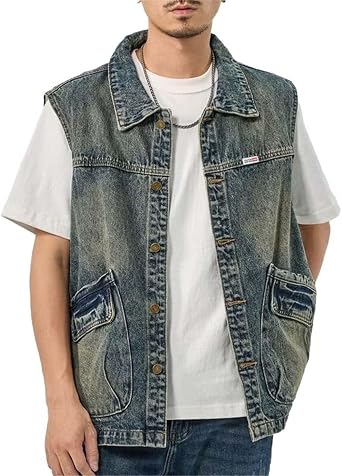 Mens Y2K Denim Vest Sleeveless Jacket, Vintage Washed Fit Trucker Vest with Clean-Finish for Casual Urban Streetwear