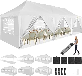 HOTEEL 10x30 Pop Up Canopy with Walls Party Tent Event Tent UPF 50+ Windproof Waterproof Wedding Tents for Parties Gazebo Canopy with Roller Bag & 4 Weights Bags,White