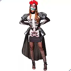 Fantasia Feminina de Halloween Rainha Caveira Mexicana Adulta Vestido de Luxo Esqueleto Com Cauda